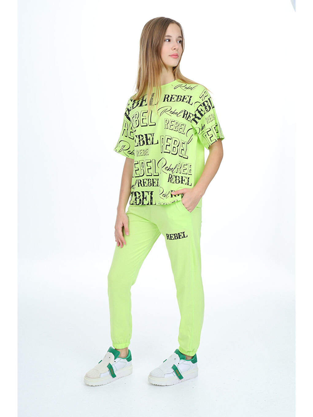 Sarı Kız Çocuk Yazı Baskılı Alt-Üst Takım 12155-1