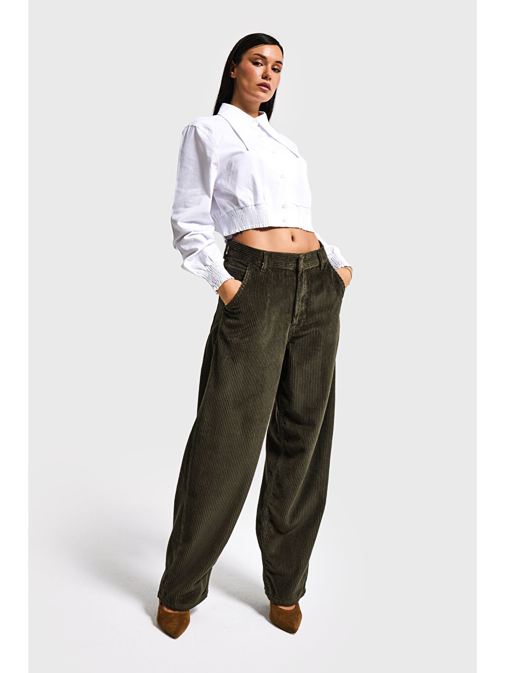 Kadın Haki Juniper 26w5-15 Skater Fit Fitilli Velvet Kadife Kumaş Pantolon-3