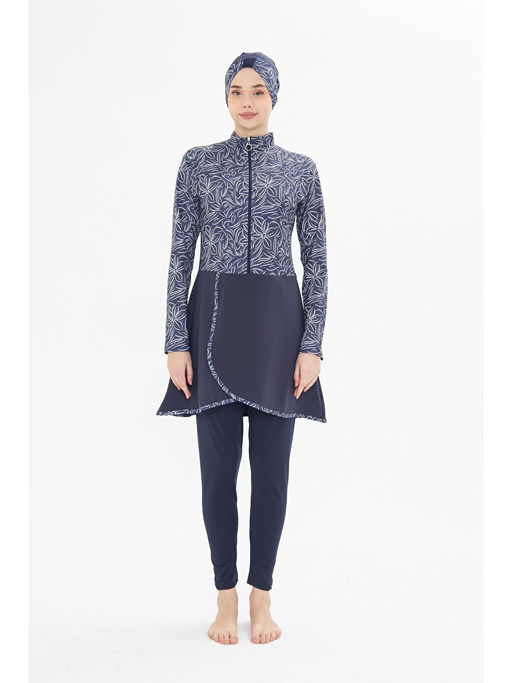 Tam Kapalı Elastanlı Desenli Etekli Tesettür Mayo Lacivert 3483-L