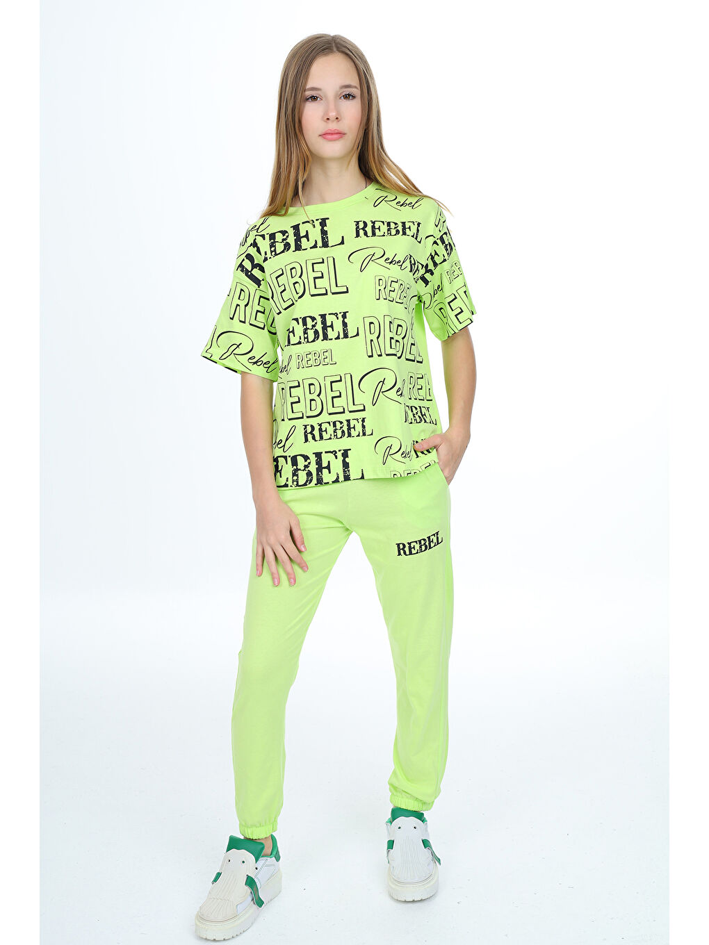 Sarı Kız Çocuk Yazı Baskılı Alt-Üst Takım 12155-3