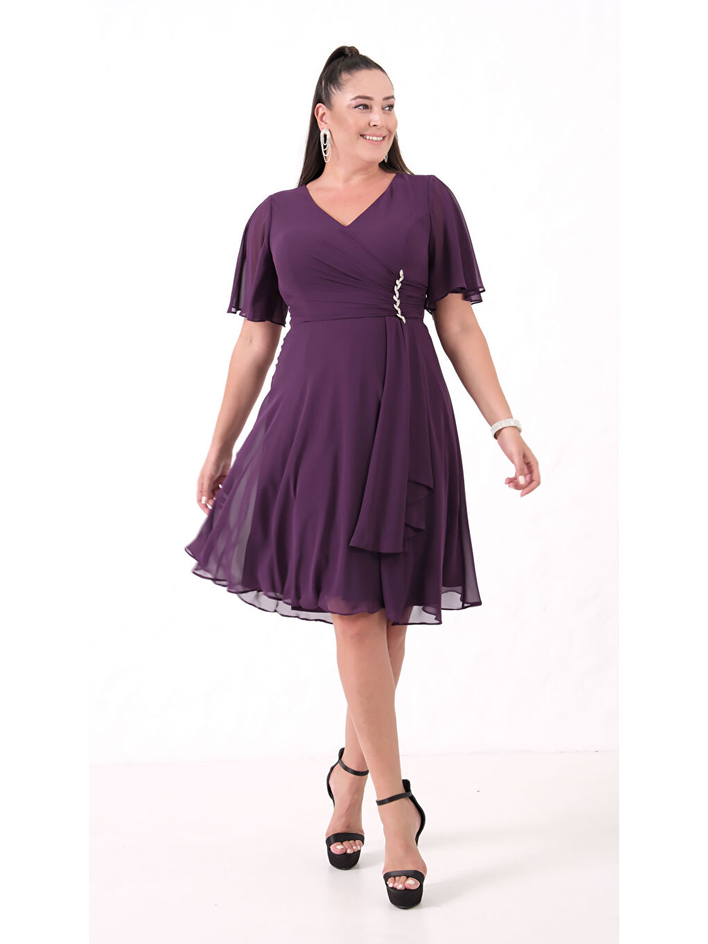 Kadın Mürdüm V Yaka Taşlı Büyük Beden Şifon Abiye Elbise-2