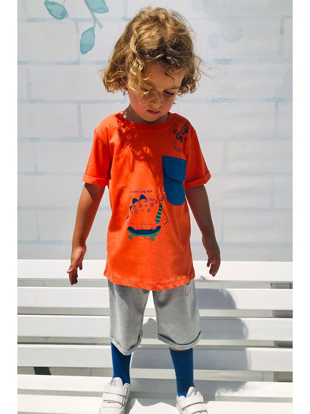 Kahverengi Erkek Çocuk Şortlu Takım Kaykaycı Dinozor Baskılı Cep Kısmı Kapak Detaylı Kiremit (2-6 Yaş)-4