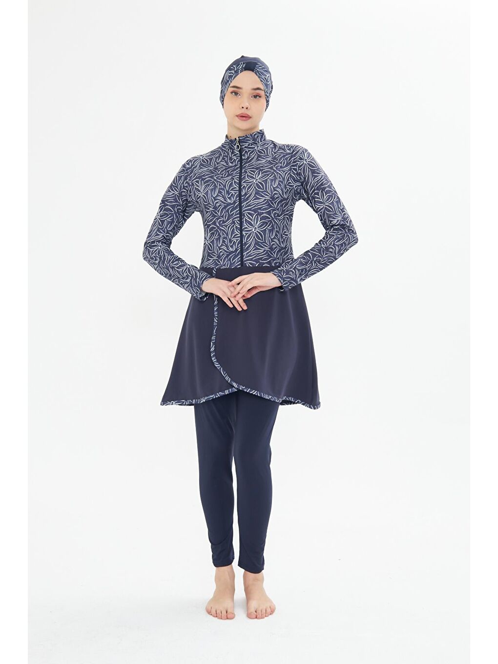 Tam Kapalı Elastanlı Desenli Etekli Tesettür Mayo Lacivert 3483-L-1