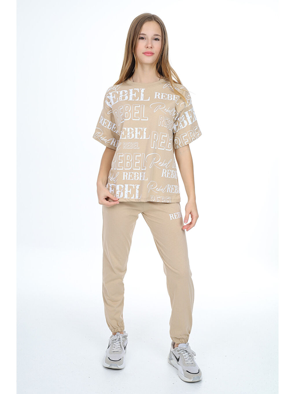 Ekru Kız Çocuk Yazı Baskılı Alt-Üst Takım 12155