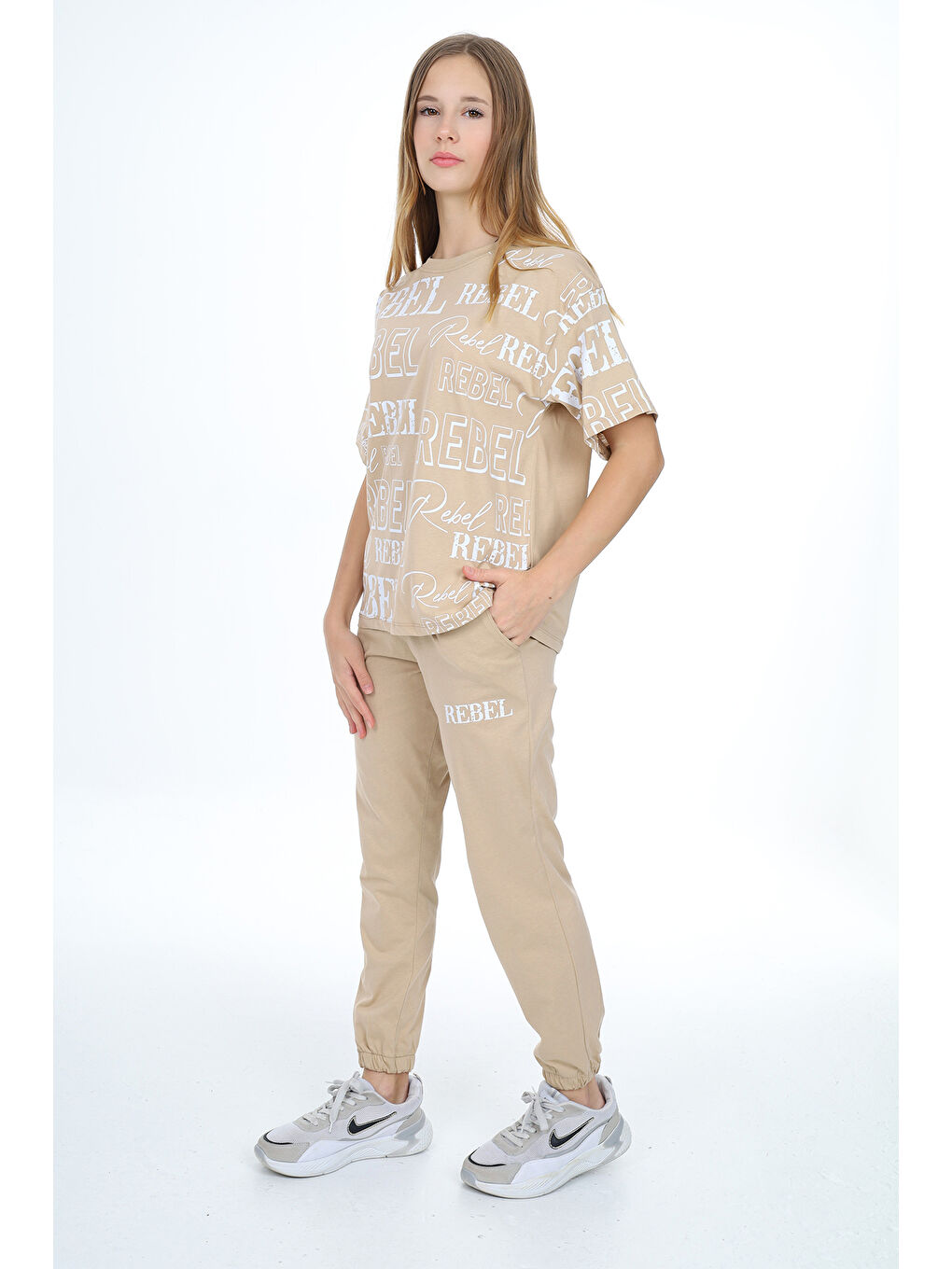 Ekru Kız Çocuk Yazı Baskılı Alt-Üst Takım 12155-1