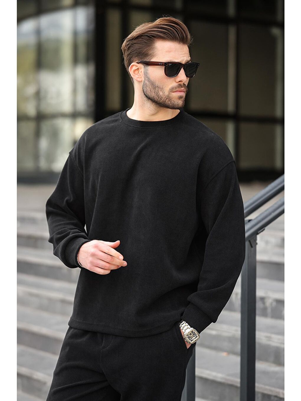 Siyah Bisiklet Yaka Erkek Kadife Takım E7337-1