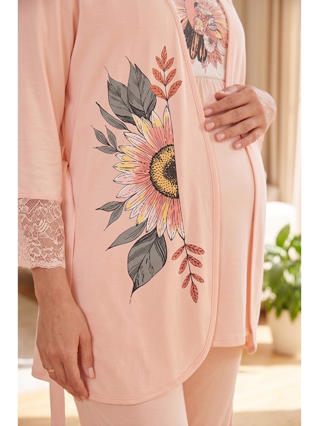 Pembe Daisy Çiçek Baskılı Düğme Detaylı Dantelli Sabahlıklı 3'lü Hamile Ve Lohusa Pijama Takımı-3