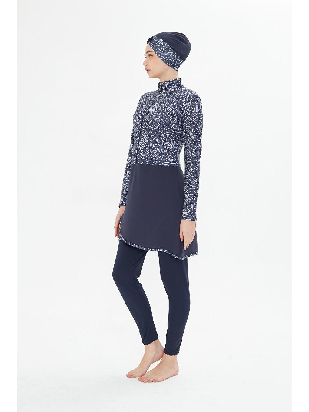 Tam Kapalı Elastanlı Desenli Etekli Tesettür Mayo Lacivert 3483-L-2
