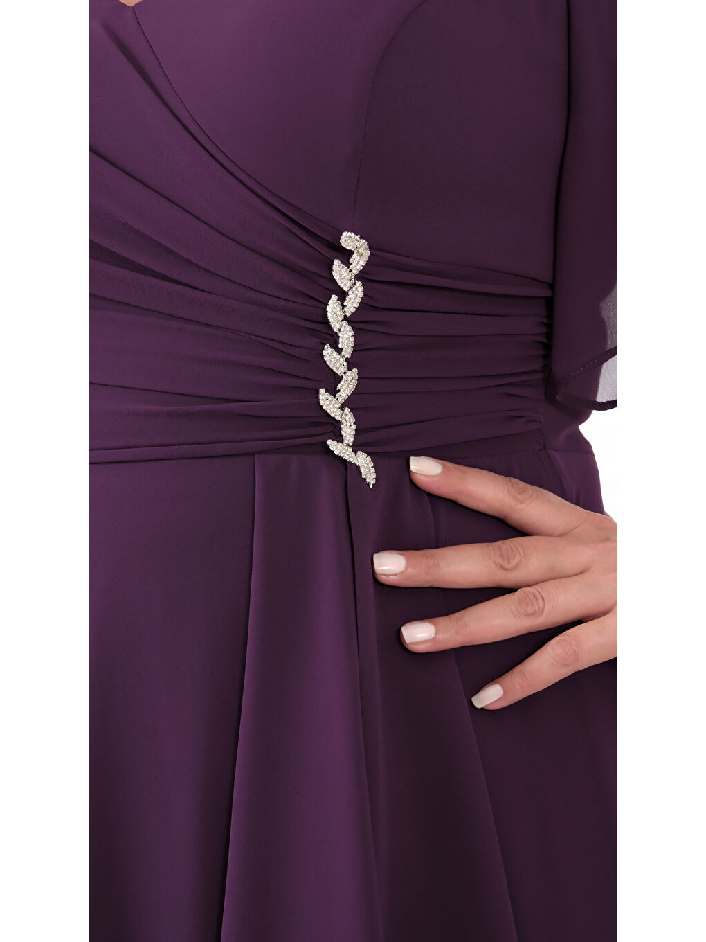 Kadın Mürdüm V Yaka Taşlı Büyük Beden Şifon Abiye Elbise-3