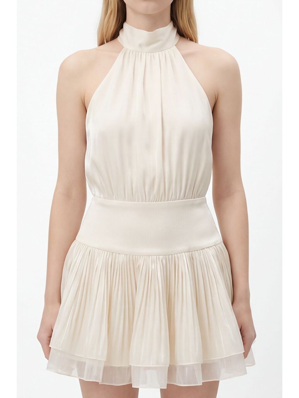 Boyundan Bağlamalı Volanlı Mini Elbise Bej-1