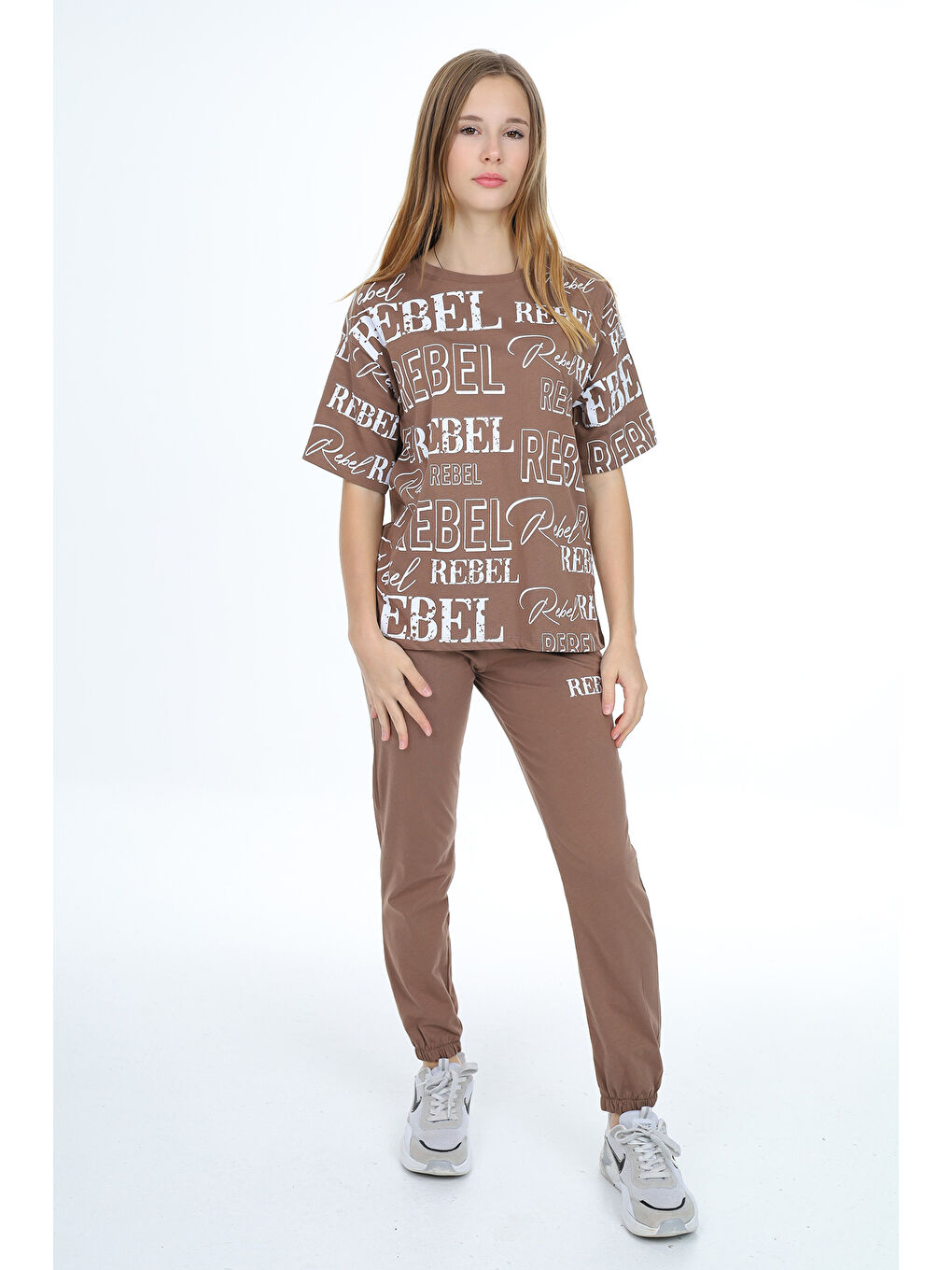 Kahverengi Kız Çocuk Yazı Baskılı Alt-Üst Takım 12155