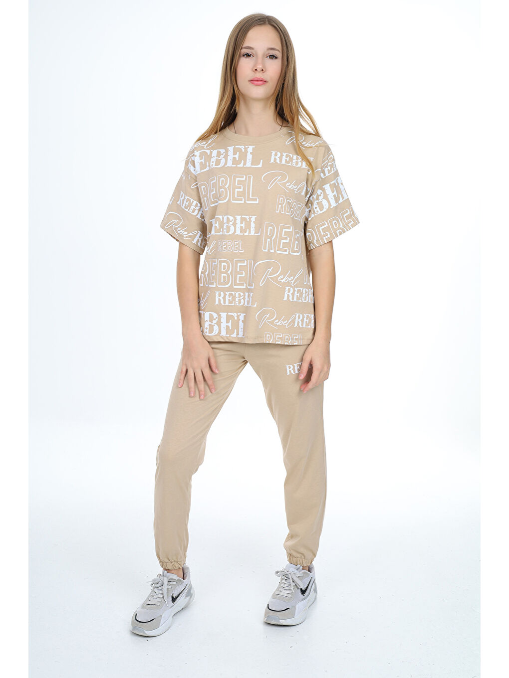 Ekru Kız Çocuk Yazı Baskılı Alt-Üst Takım 12155-2