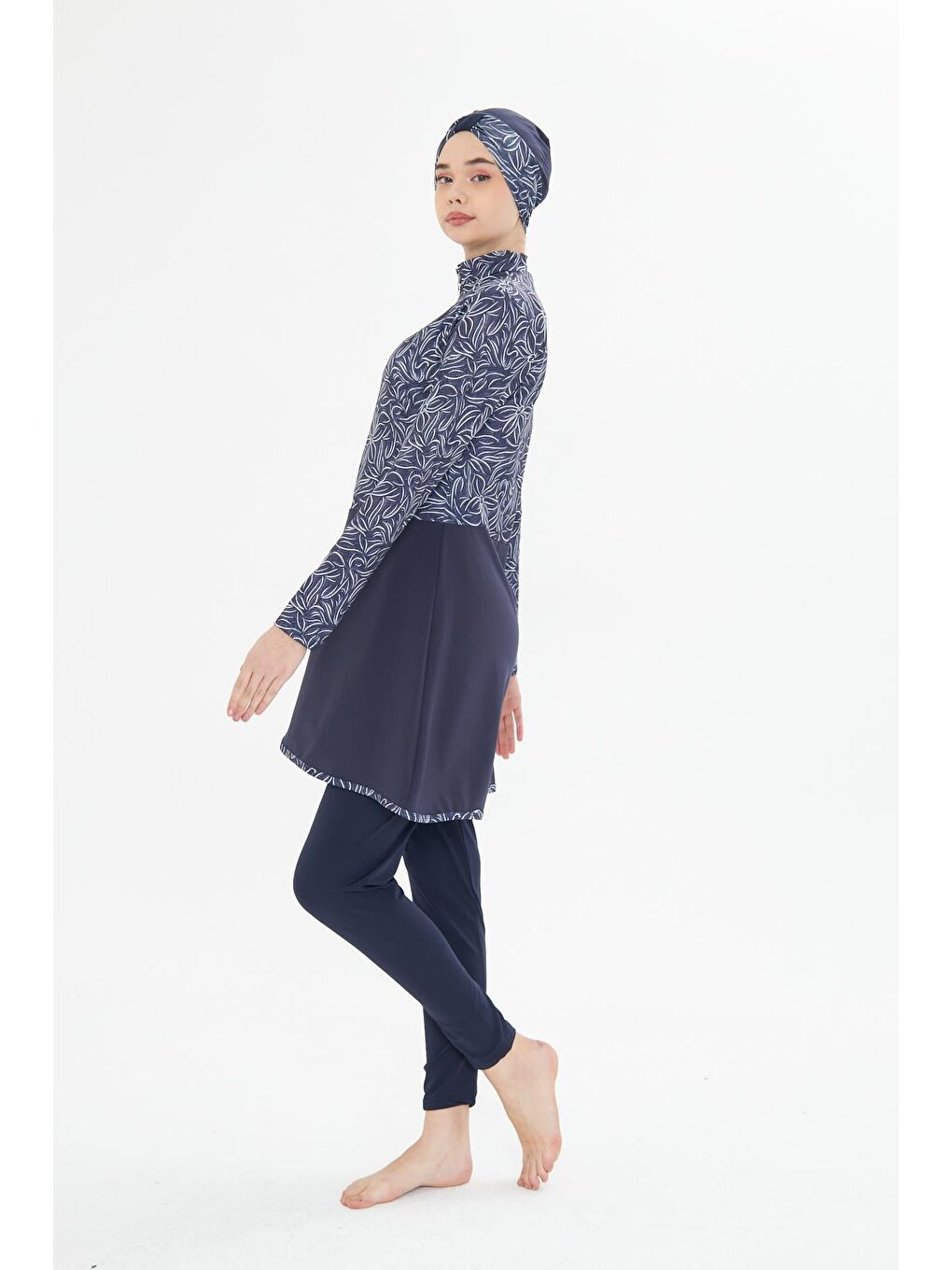 Tam Kapalı Elastanlı Desenli Etekli Tesettür Mayo Lacivert 3483-L-3