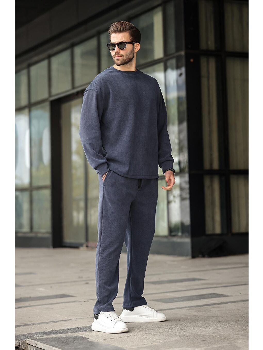 Lacivert Bisiklet Yaka Erkek Kadife Takım E7337