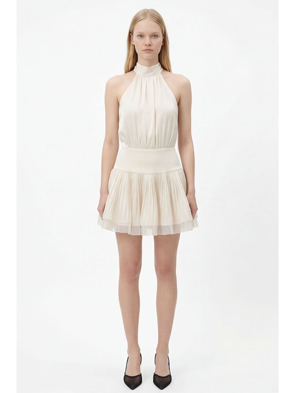 Boyundan Bağlamalı Volanlı Mini Elbise Bej-2