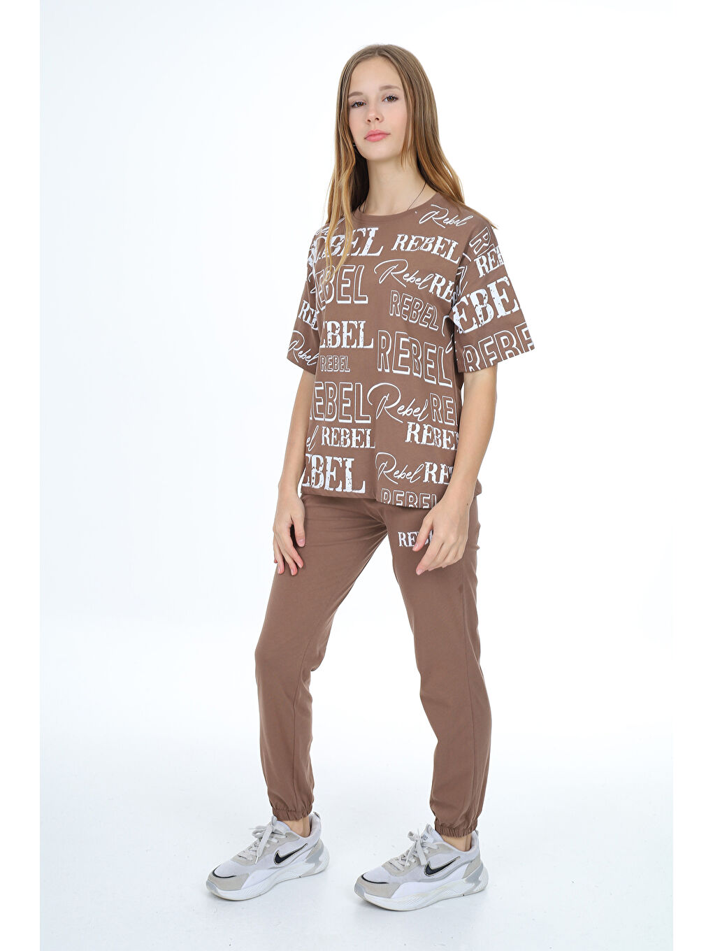 Kahverengi Kız Çocuk Yazı Baskılı Alt-Üst Takım 12155-2