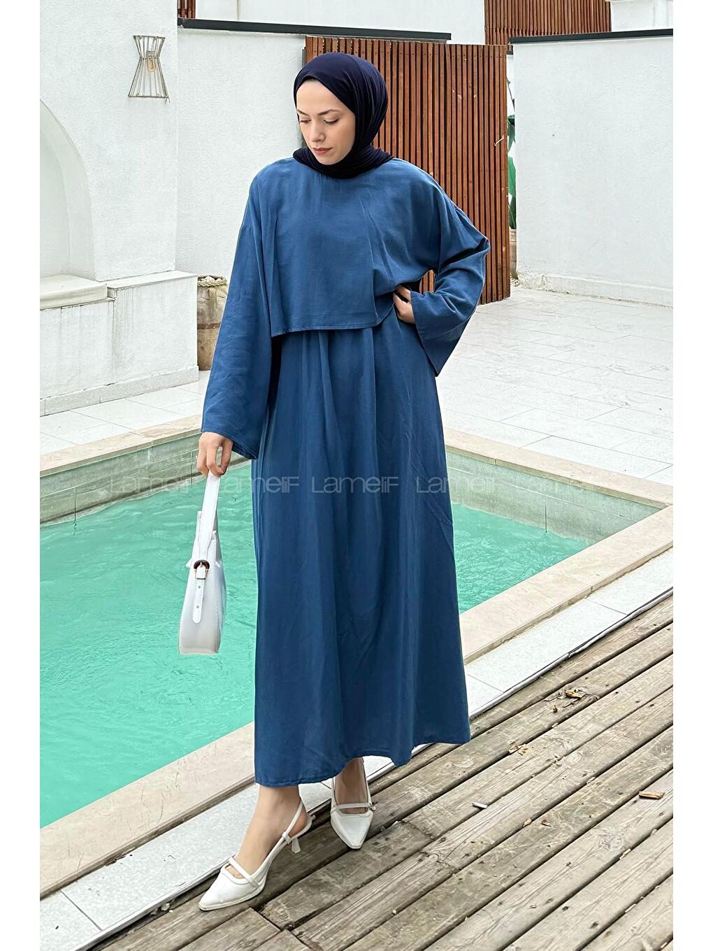 Etekli Tesettür Takım Saks Mavisi