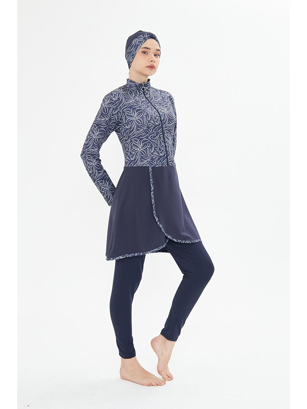 Tam Kapalı Elastanlı Desenli Etekli Tesettür Mayo Lacivert 3483-L-4
