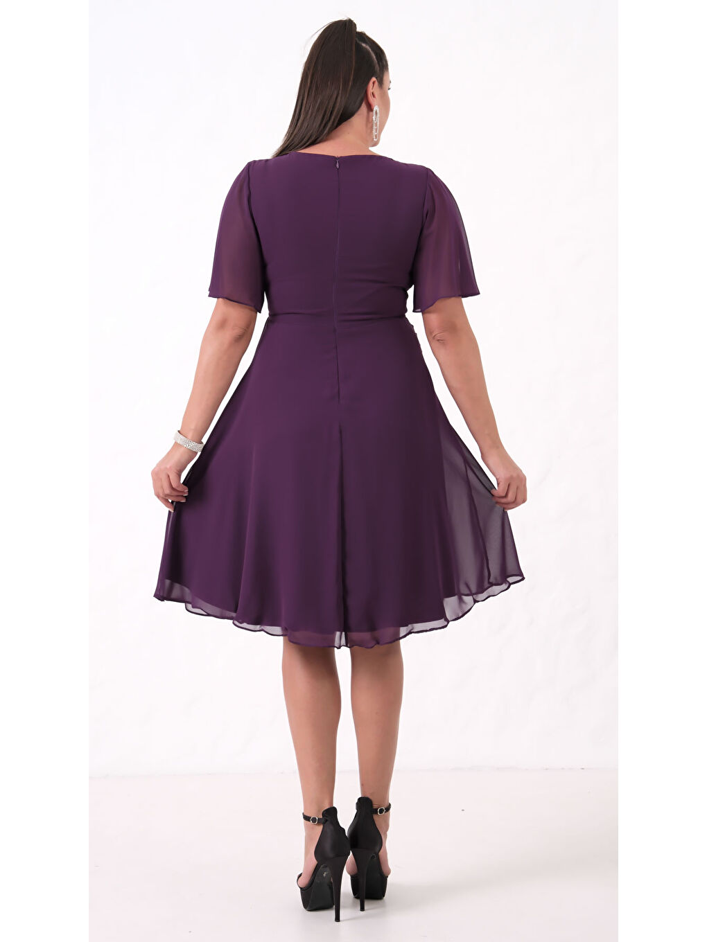 Kadın Mürdüm V Yaka Taşlı Büyük Beden Şifon Abiye Elbise-4