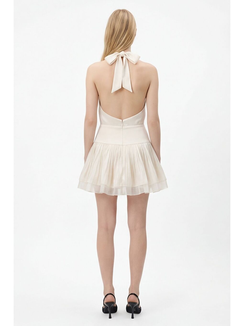 Boyundan Bağlamalı Volanlı Mini Elbise Bej-3