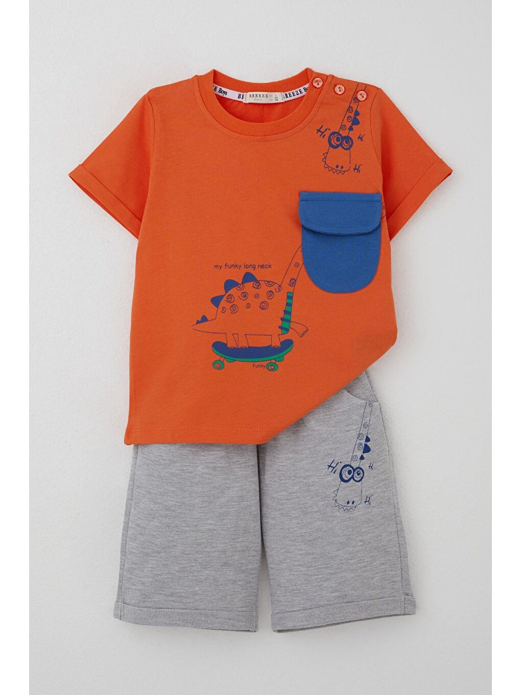 Kahverengi Erkek Çocuk Şortlu Takım Kaykaycı Dinozor Baskılı Cep Kısmı Kapak Detaylı Kiremit (2-6 Yaş)-8
