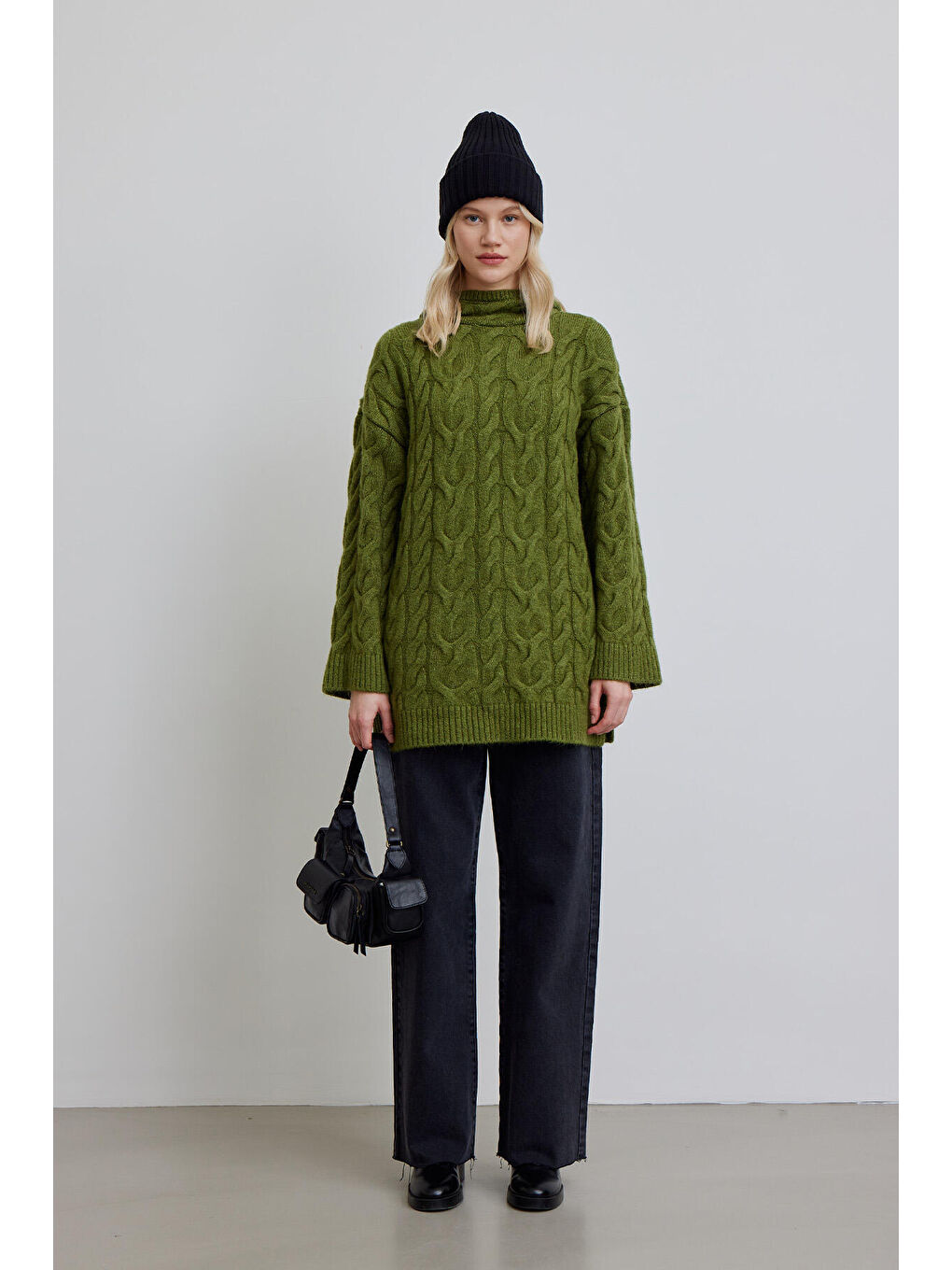 Kapüşonlu Saç Örgülü Kazak Yeşil-3