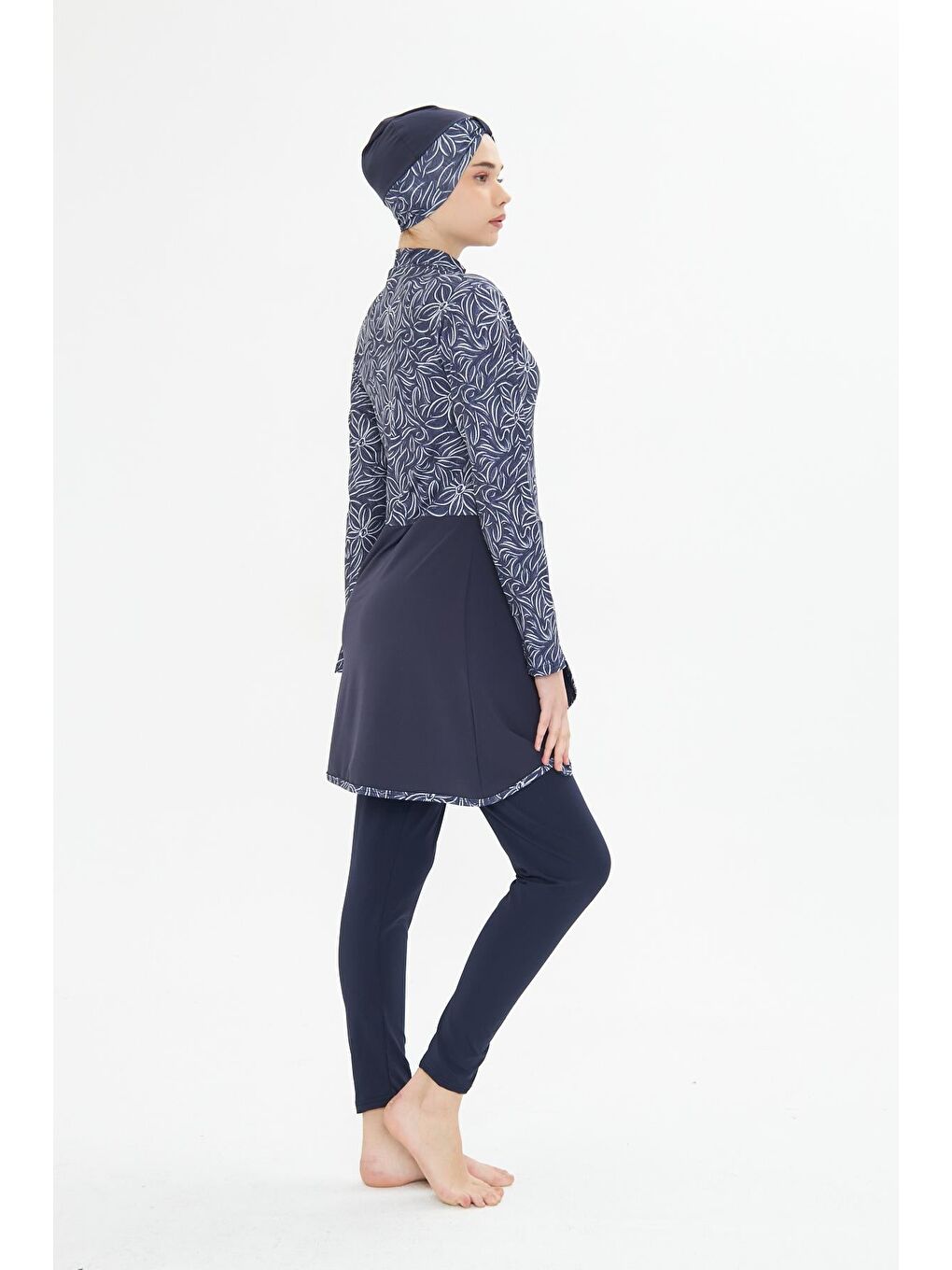 Tam Kapalı Elastanlı Desenli Etekli Tesettür Mayo Lacivert 3483-L-5