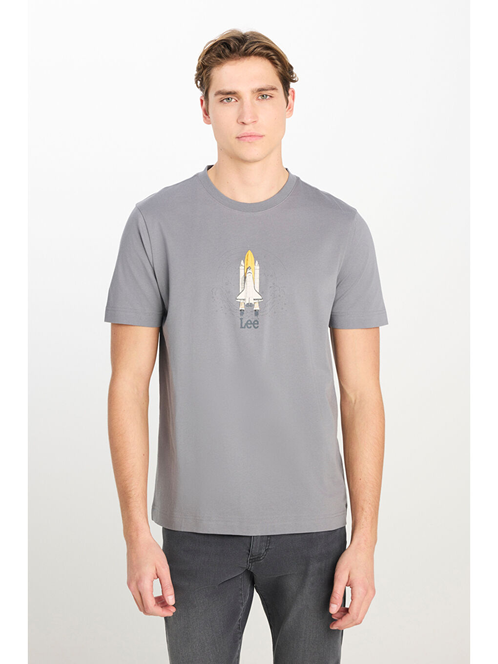%100 Pamuk Regular Fit Normal Kesim Bisiklet Yaka Baskılı Gri Tişört-1