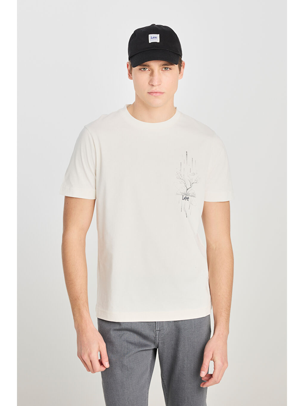 Beyaz %100 Pamuk Regular Fit Normal Kesim Bisiklet Yaka Baskılı Ekru Tişört-1