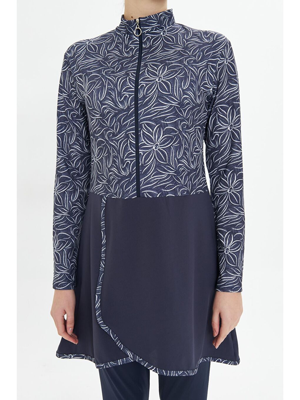 Tam Kapalı Elastanlı Desenli Etekli Tesettür Mayo Lacivert 3483-L-7