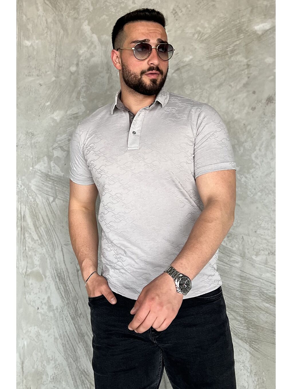 Gri Polo Yaka Yarım Düğmeli Erkek Tişört