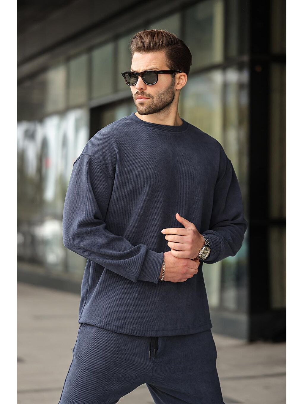 Lacivert Bisiklet Yaka Erkek Kadife Takım E7337-2