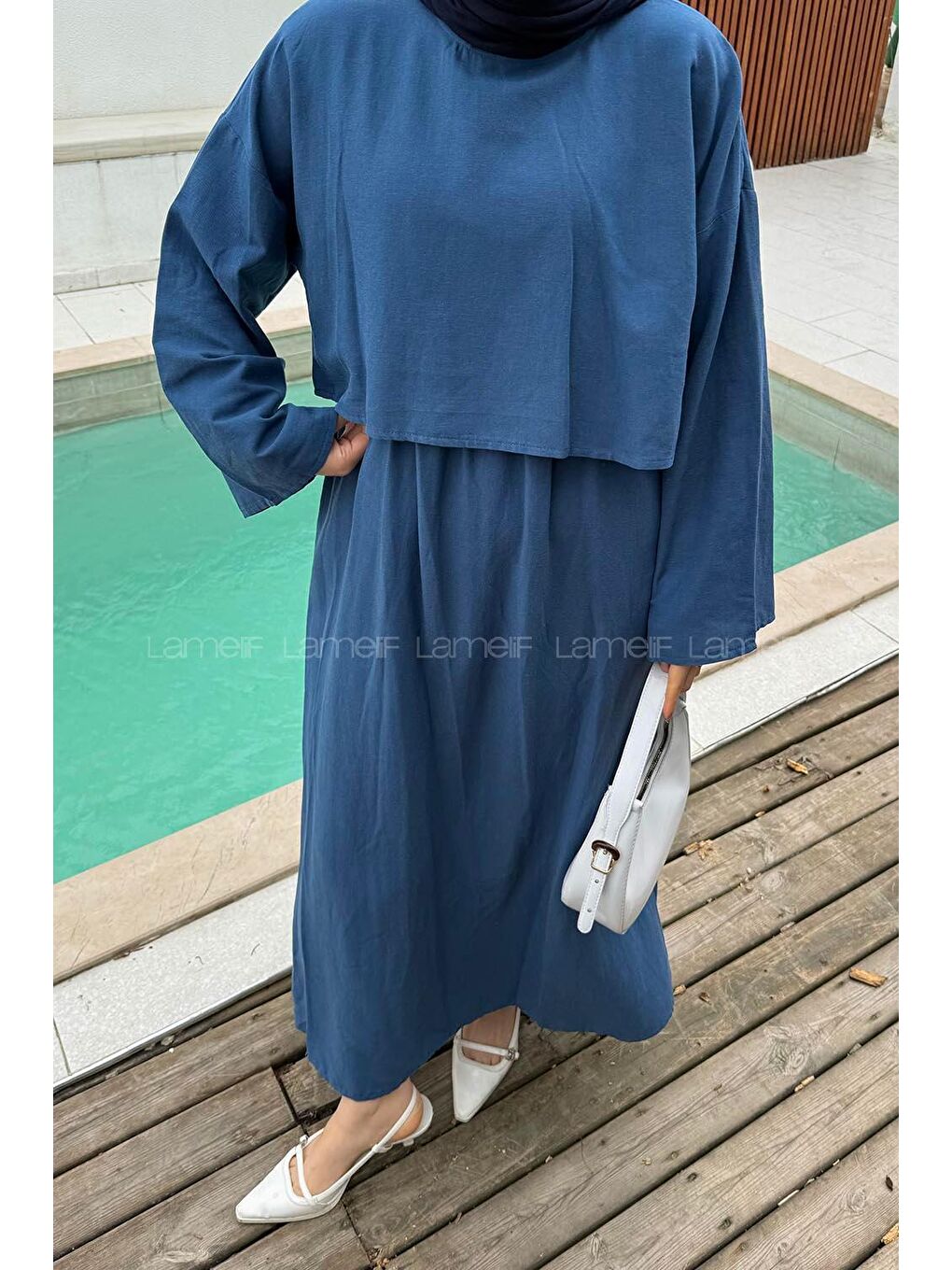 Etekli Tesettür Takım Saks Mavisi-2