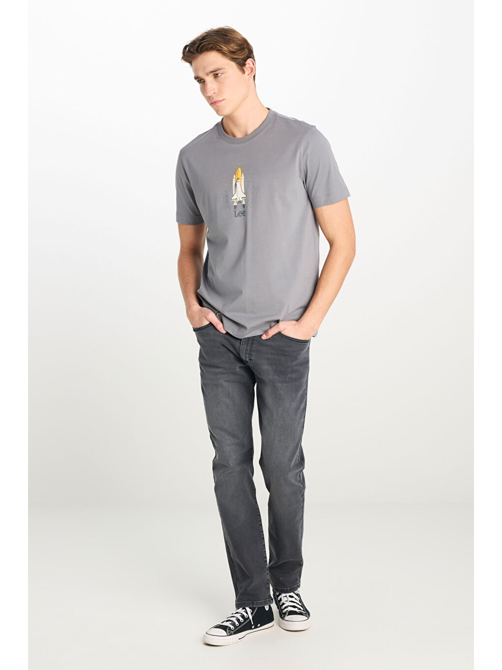 %100 Pamuk Regular Fit Normal Kesim Bisiklet Yaka Baskılı Gri Tişört-2