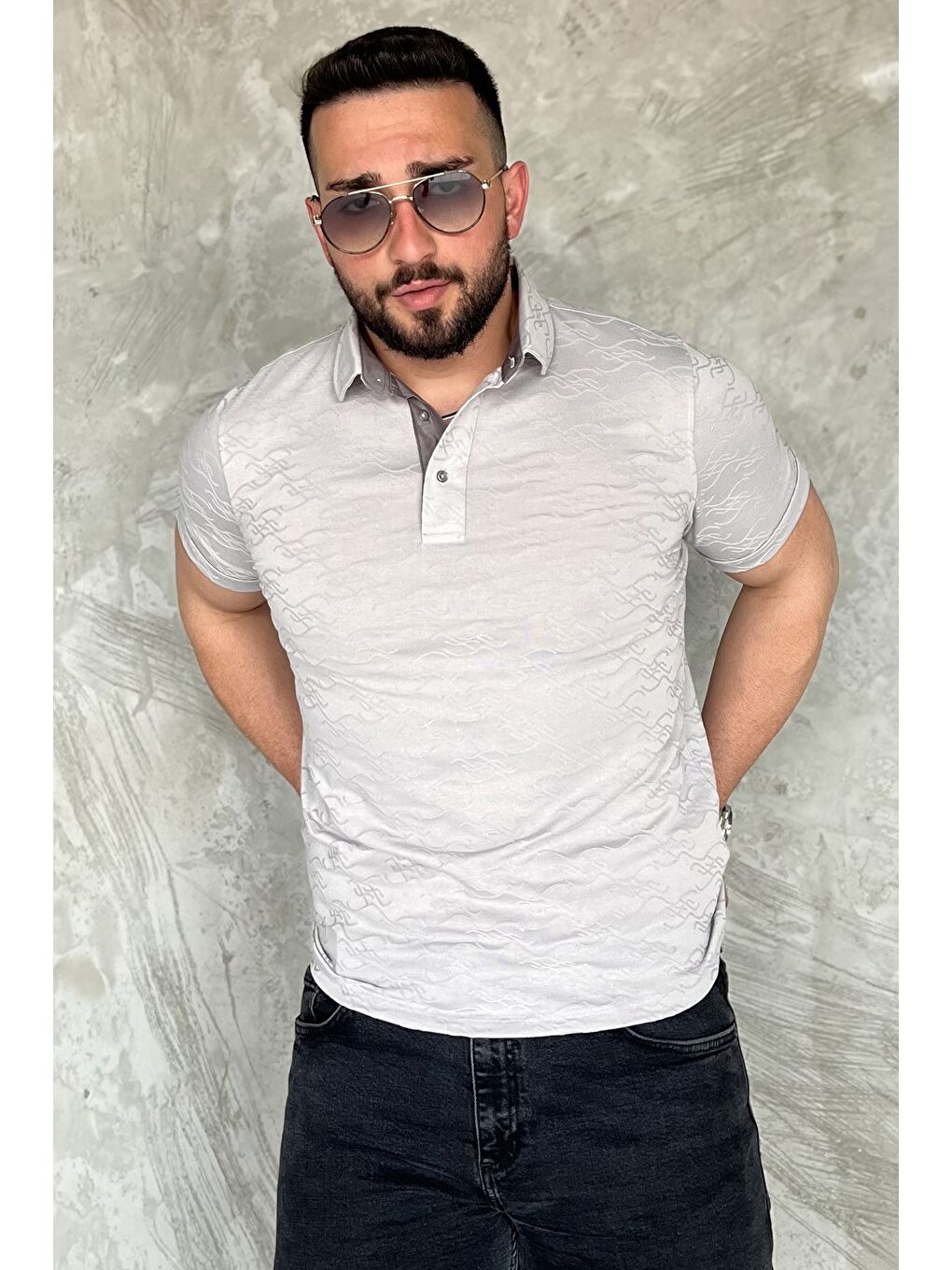 Gri Polo Yaka Yarım Düğmeli Erkek Tişört-1