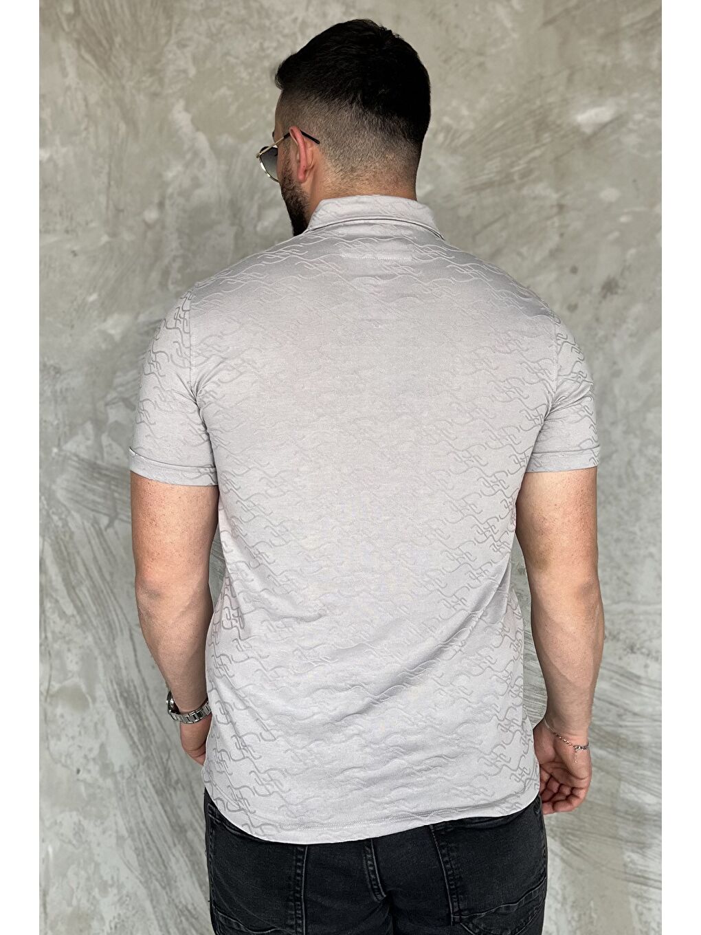 Gri Polo Yaka Yarım Düğmeli Erkek Tişört-2