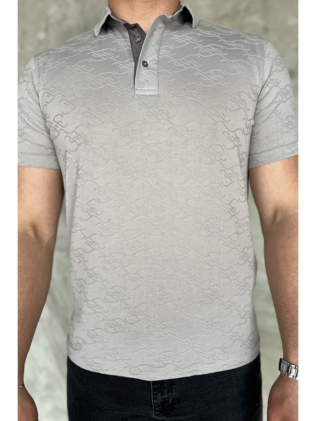 Gri Polo Yaka Yarım Düğmeli Erkek Tişört-3