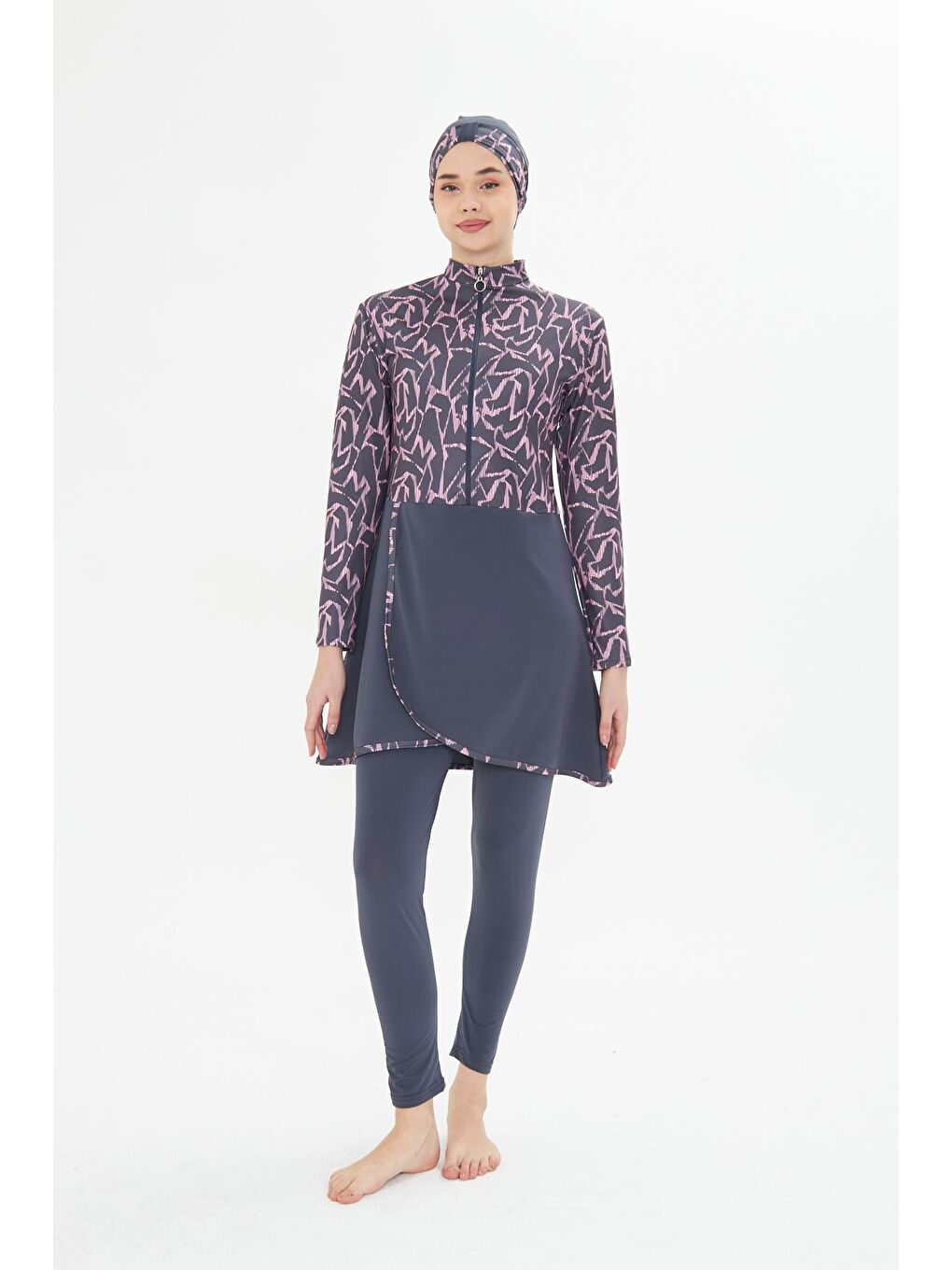 Tam Kapalı Elastanlı Desenli Etekli Tesettür Mayo Antrasit 3482-A