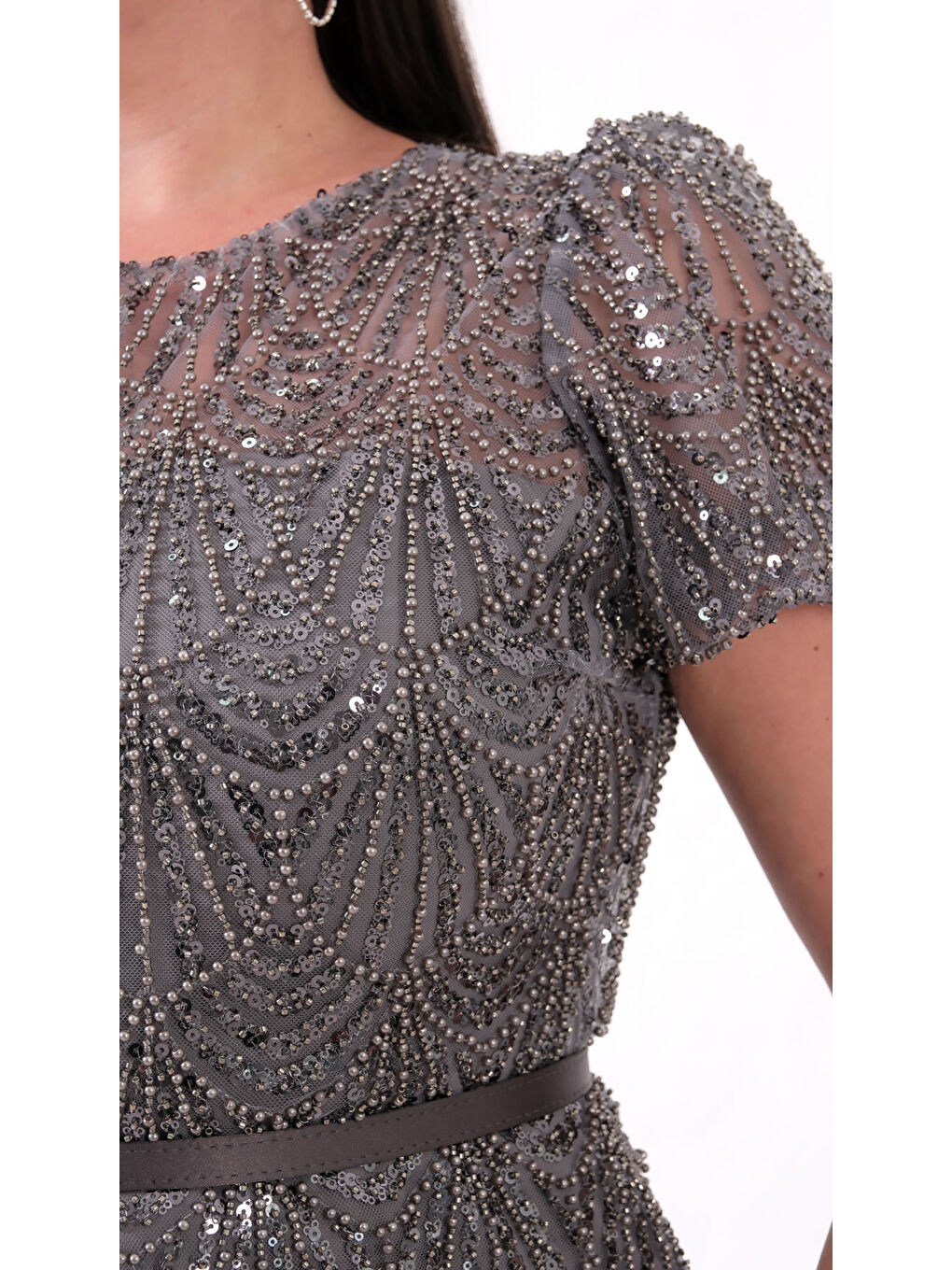 Kadın Gri Boncuklu Midi Abiye Elbise-3