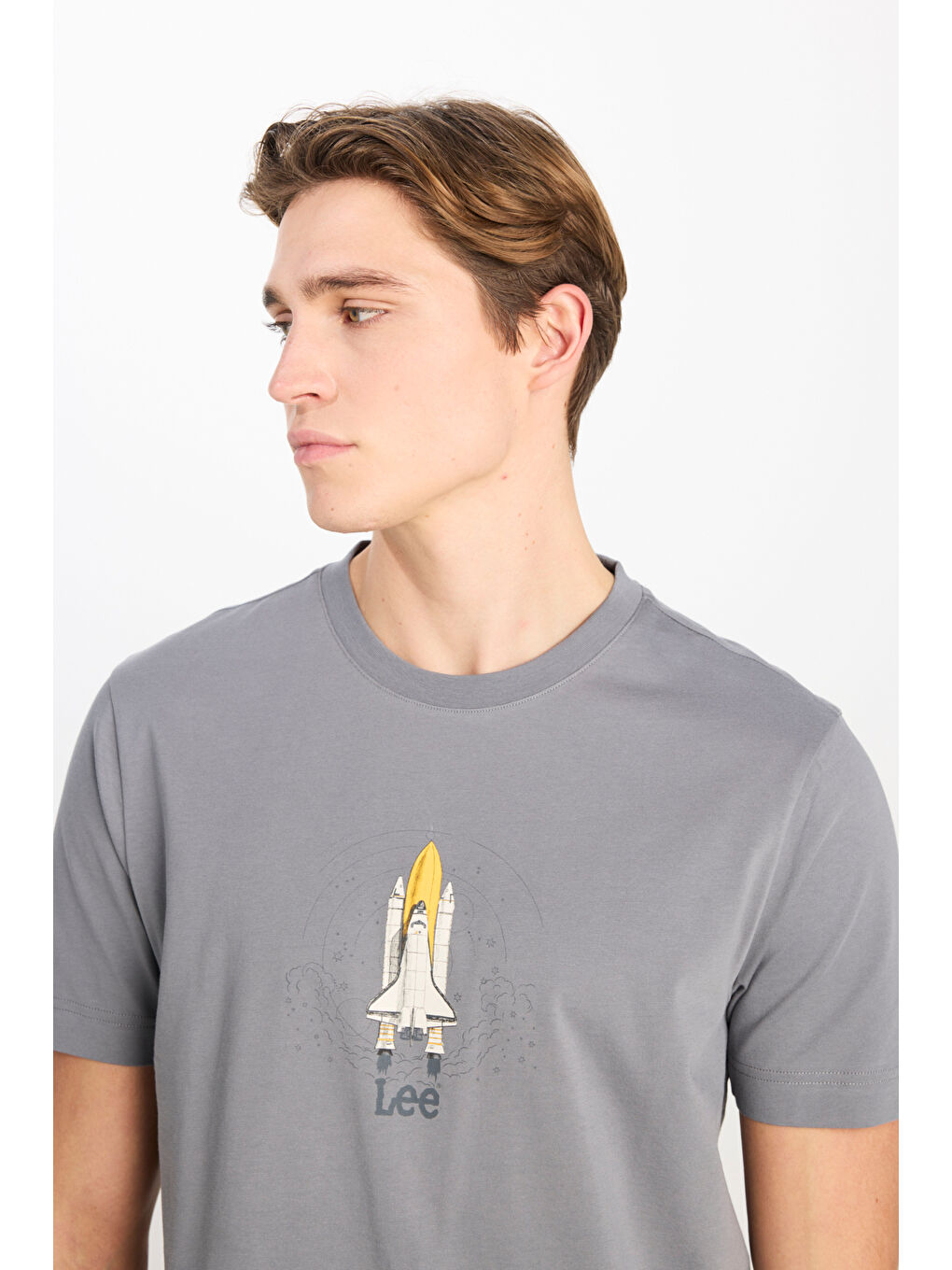 %100 Pamuk Regular Fit Normal Kesim Bisiklet Yaka Baskılı Gri Tişört-3