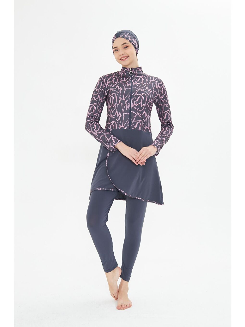 Tam Kapalı Elastanlı Desenli Etekli Tesettür Mayo Antrasit 3482-A-1