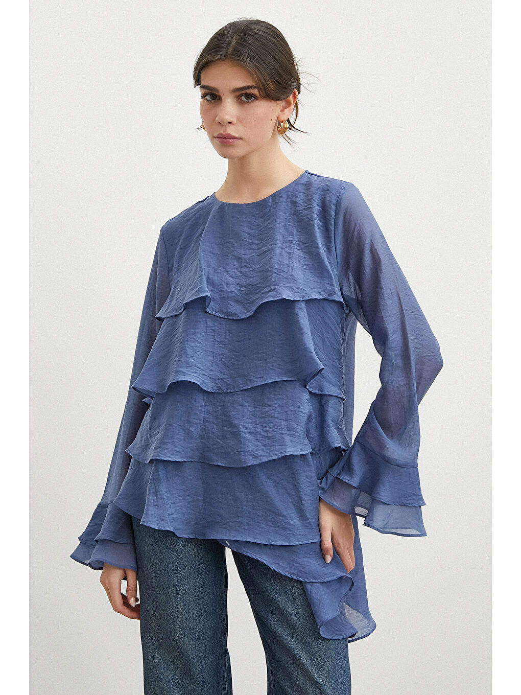 Kol Detaylı Katlı Uzun Kol Bluz Lacivert-1