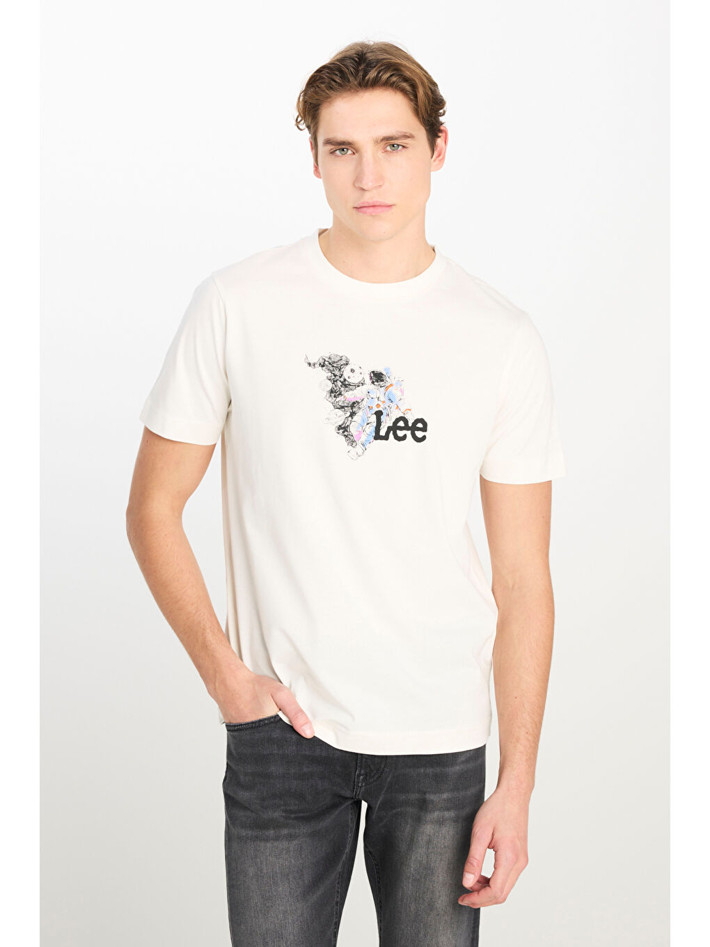 %100 Pamuk Regular Fit Normal Kesim Bisiklet Yaka Kırık Beyaz Tişört