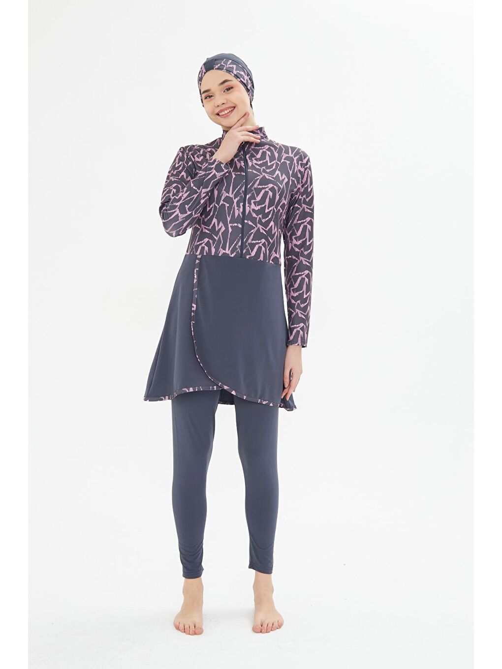 Tam Kapalı Elastanlı Desenli Etekli Tesettür Mayo Antrasit 3482-A-2