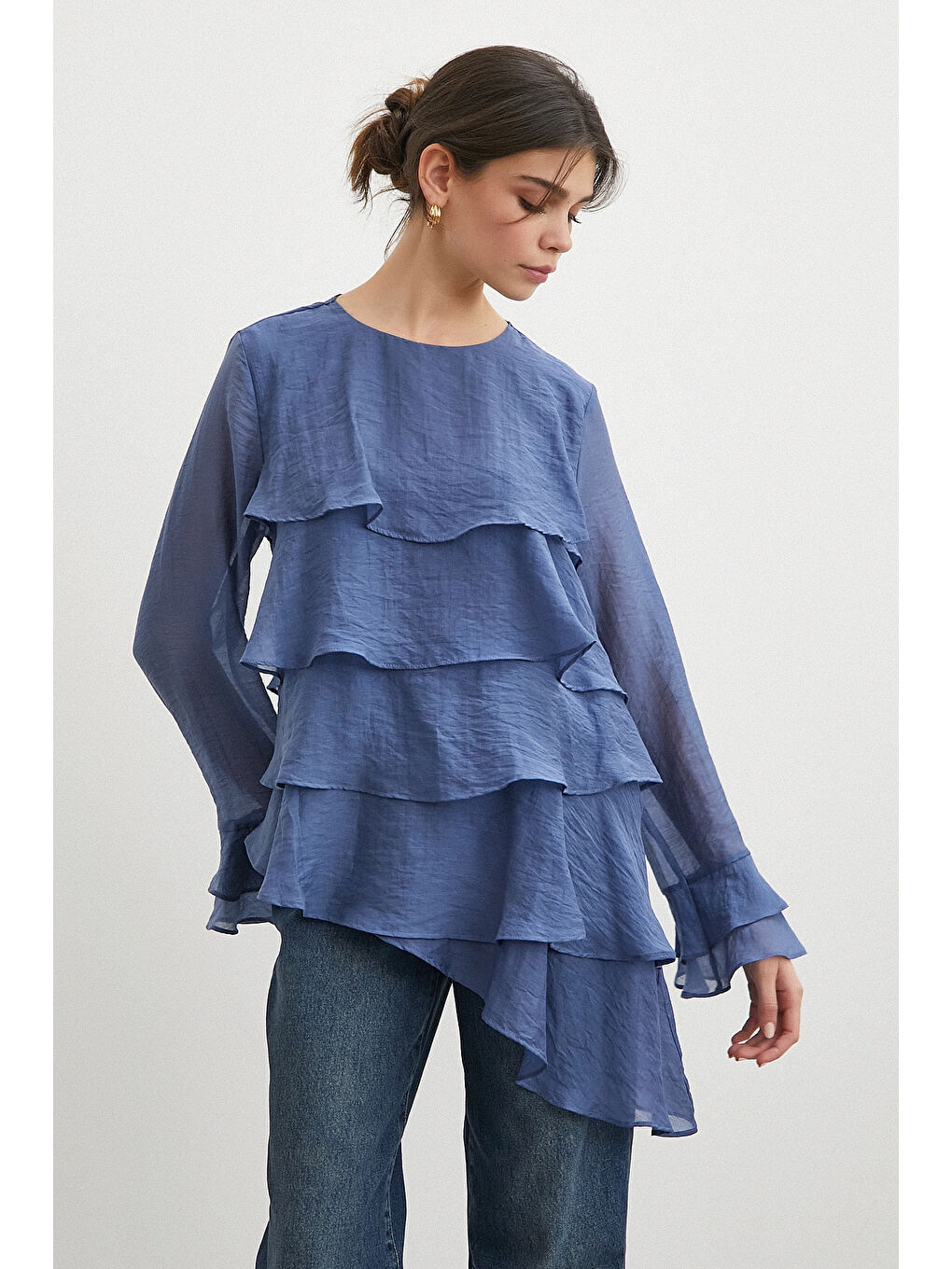 Kol Detaylı Katlı Uzun Kol Bluz Lacivert-2