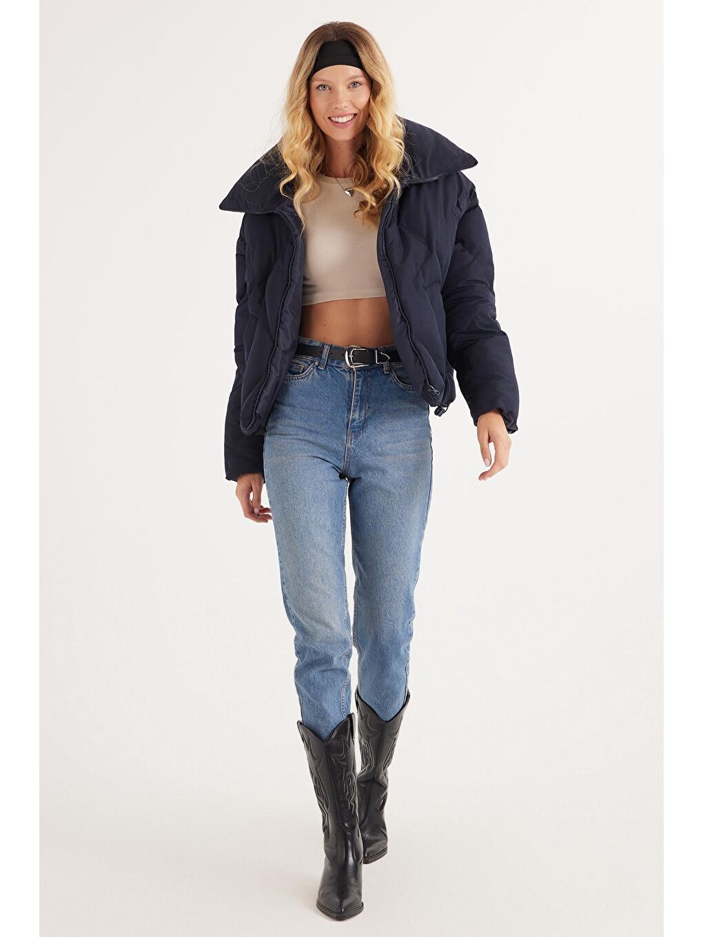 Kadın Oversize Geniş Kesim Şişme Dik Yaka Lacivert Mont-1