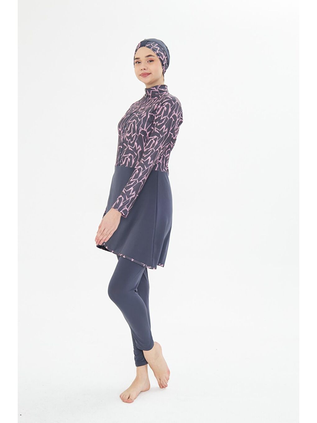 Tam Kapalı Elastanlı Desenli Etekli Tesettür Mayo Antrasit 3482-A-3