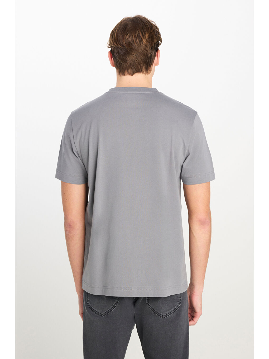 %100 Pamuk Regular Fit Normal Kesim Bisiklet Yaka Baskılı Gri Tişört-4