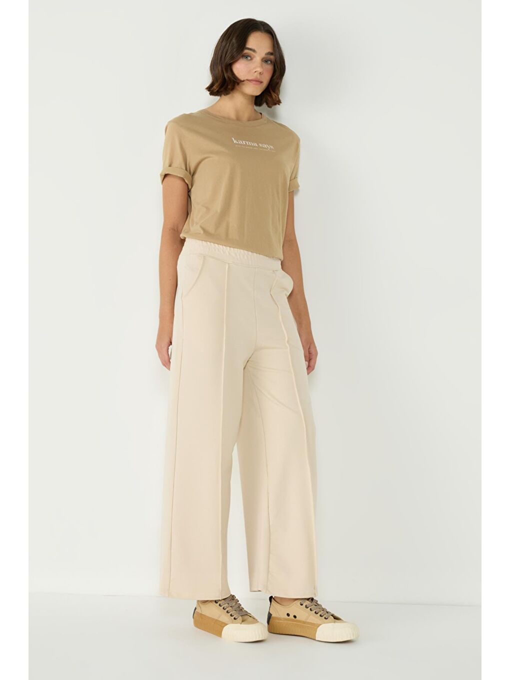 Kadın Dikiş Detaylı Palazzo Eşofman Altı 746 Bej-4