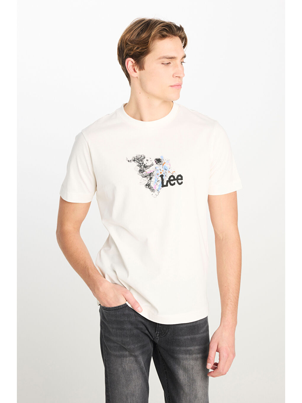 %100 Pamuk Regular Fit Normal Kesim Bisiklet Yaka Kırık Beyaz Tişört-1